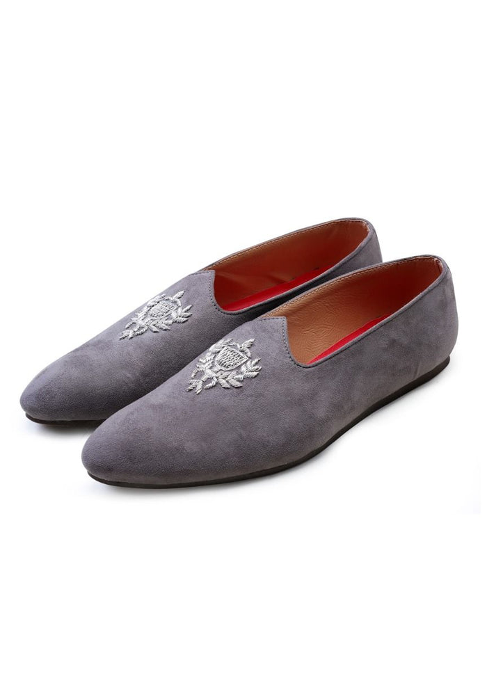 Grey Hand Crafted Zardoshi Embroidered Suede Jutti - KORANM