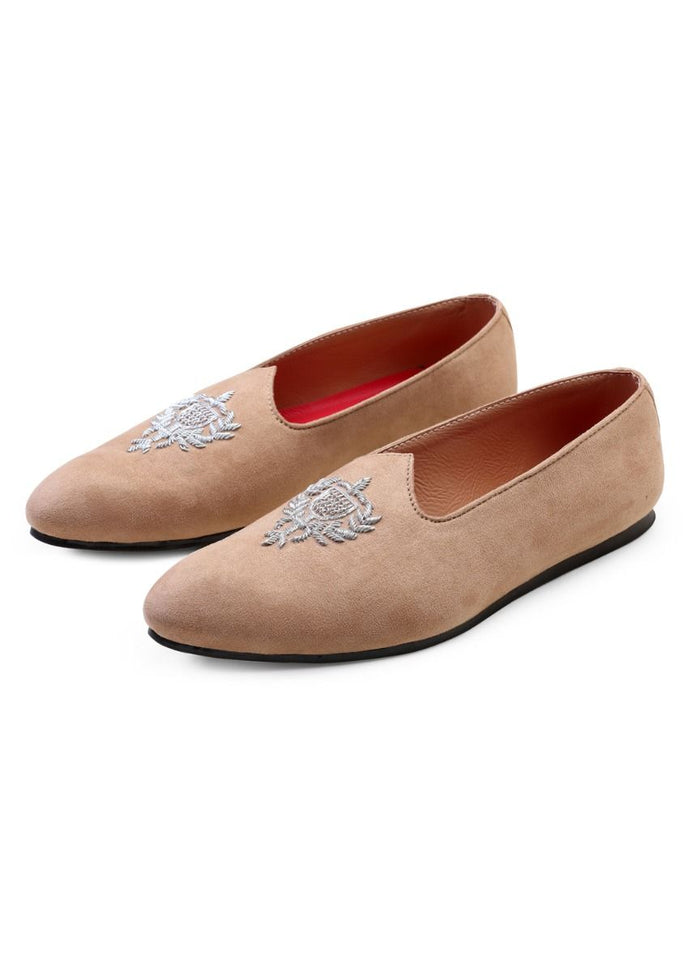 Light Beige Hand Crafted Zardoshi Embroidered Suede Jutti - KORANM