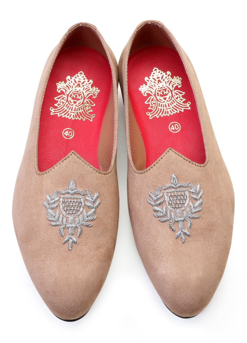 Light Beige Hand Crafted Zardoshi Embroidered Suede Jutti - KORANM