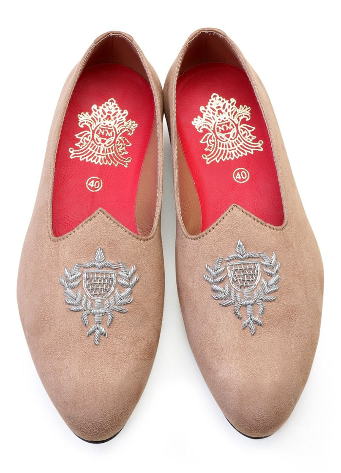 Light Beige Hand Crafted Zardoshi Embroidered Suede Jutti - KORANM