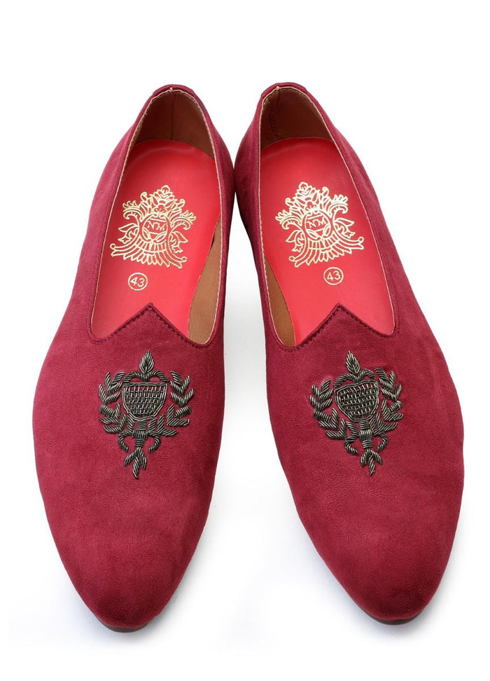 Maroon Hand Crafted Zardoshi Embroidered Suede Jutti - KORANM
