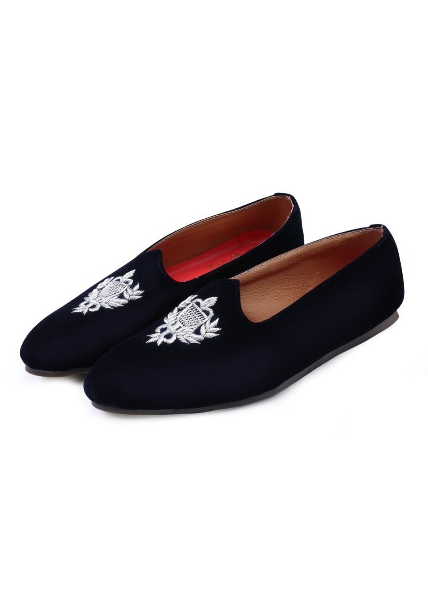 Navy Hand Crafted Zardoshi Embroidered Velvet Jutti - KORANM