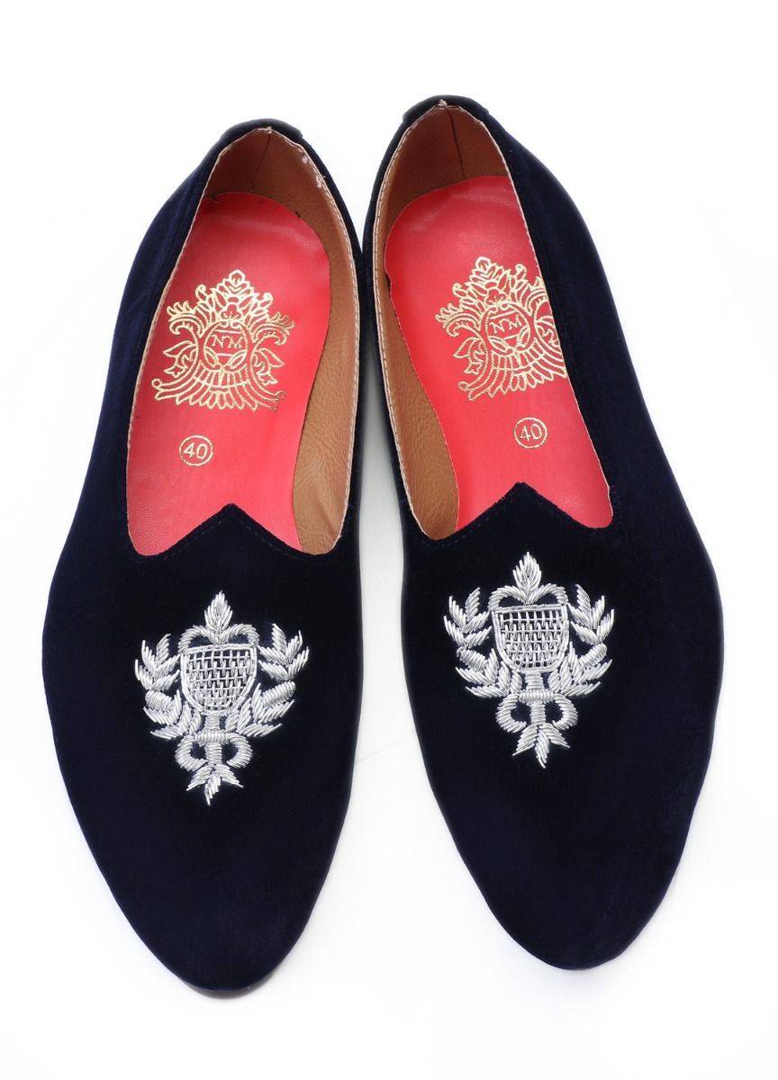Navy Hand Crafted Zardoshi Embroidered Velvet Jutti - KORANM