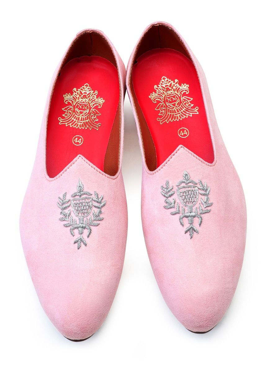 Pink Hand Crafted Zardoshi Embroidered Suede Jutti