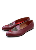 Wine Hand Crafted Zardoshi Embroidered Semi- Leather Jutti