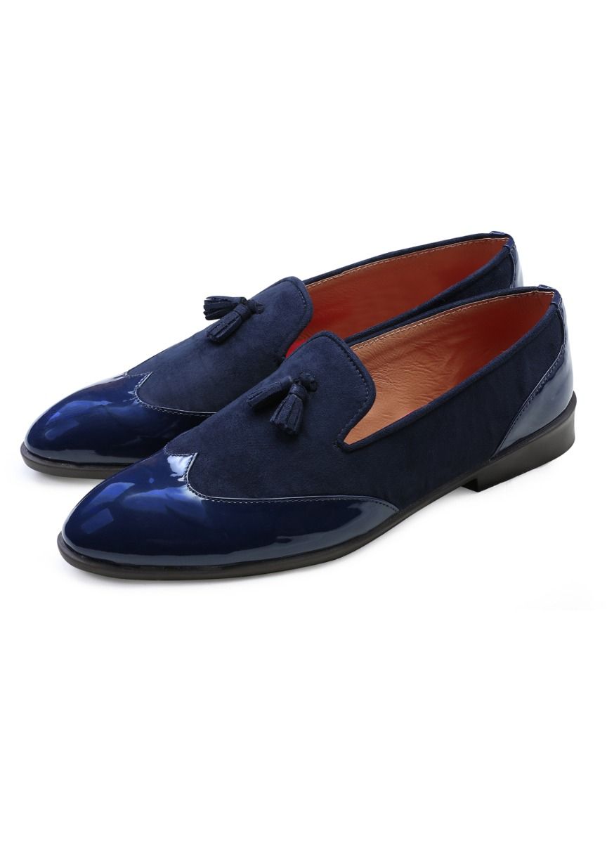 Navy Blue Handcrafted Semi- Leather Shoes - KORANM