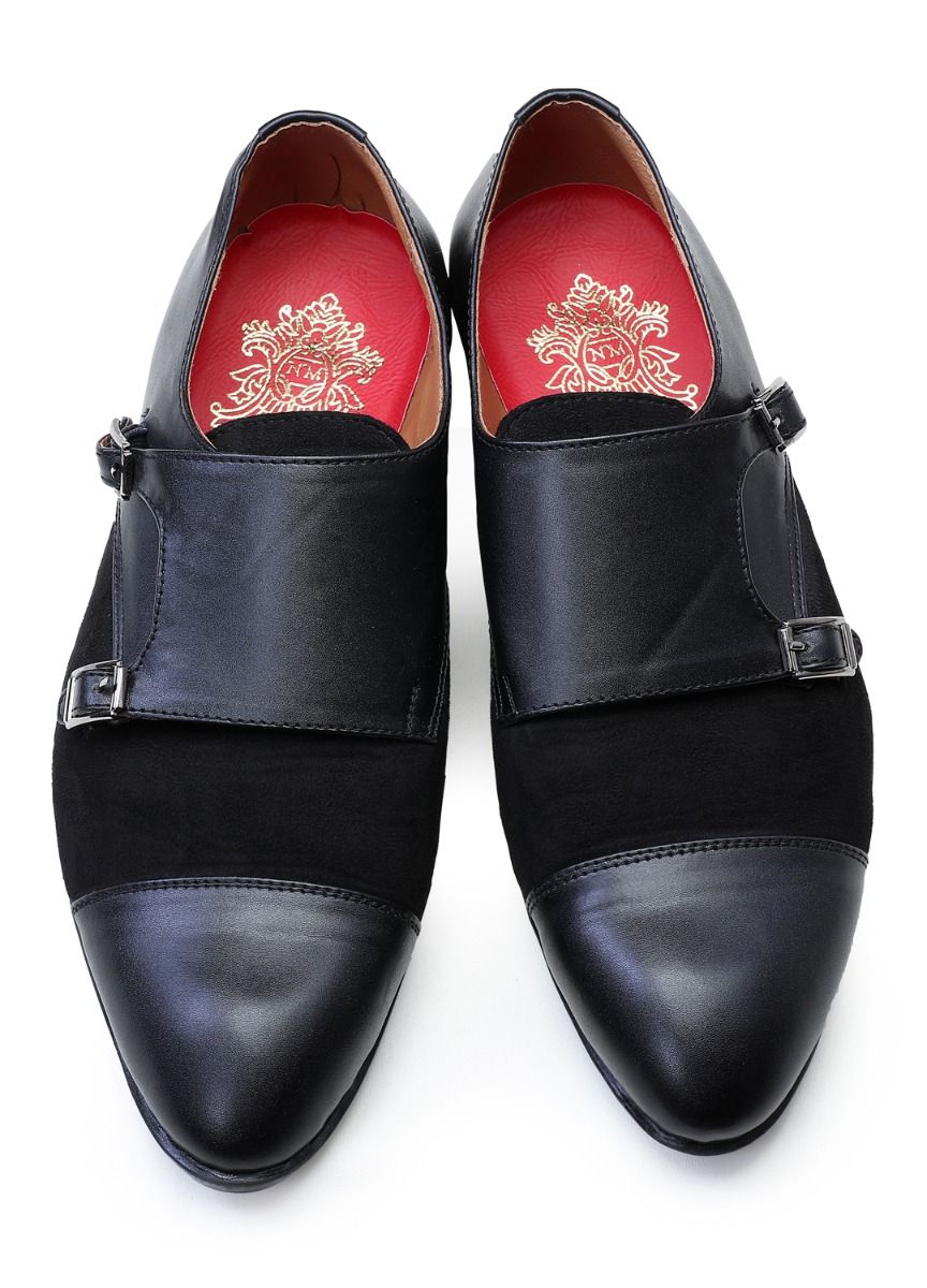 Black Handcrafted Semi-Leather Double Buckle Shoes - KORANM