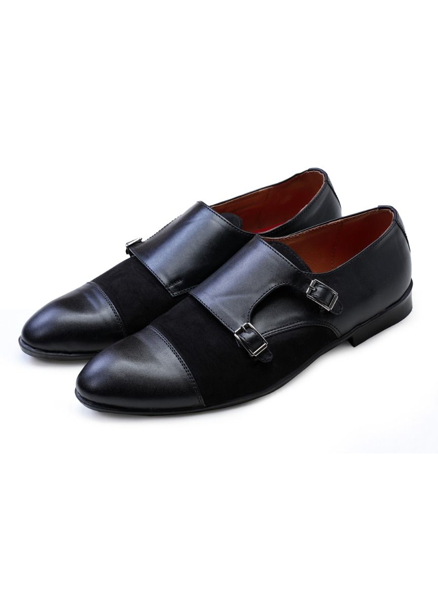 Black Handcrafted Semi-Leather Double Buckle Shoes - KORANM