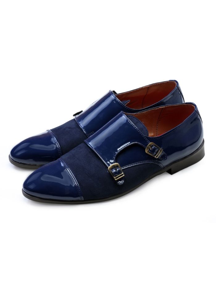 Navy Handcrafted Semi- Leather Double Buckle Shoes - KORANM