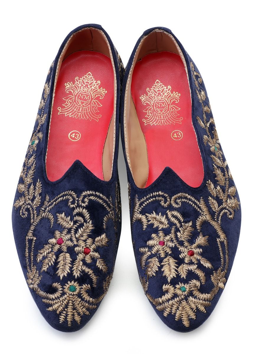 Navy Blue Hand Crafted Golden Zari Embroidered Suede Jutti - KORANM