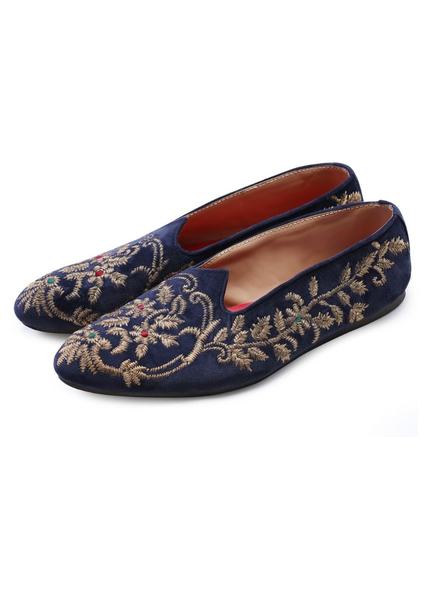 Navy Blue Hand Crafted Golden Zari Embroidered Suede Jutti - KORANM