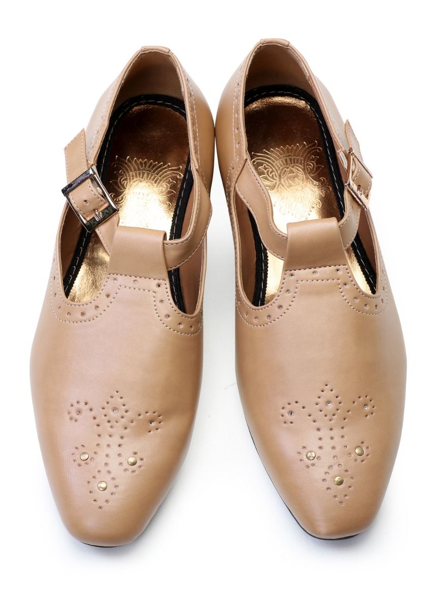 Beige Handcrafted Punched Semi- Leather Sandals - KORANM
