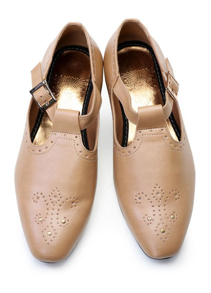 Beige Handcrafted Punched Semi- Leather Sandals