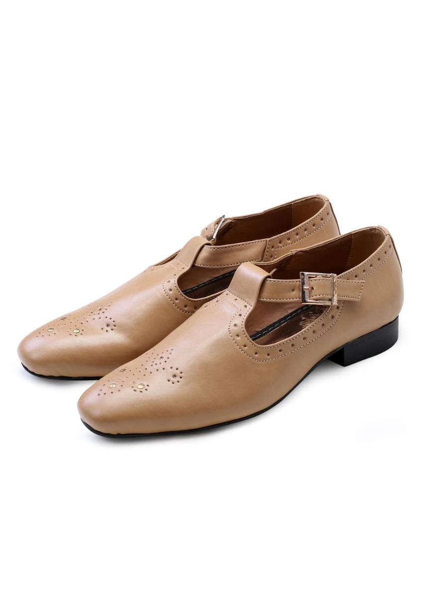 Beige Handcrafted Punched Semi- Leather Sandals - KORANM