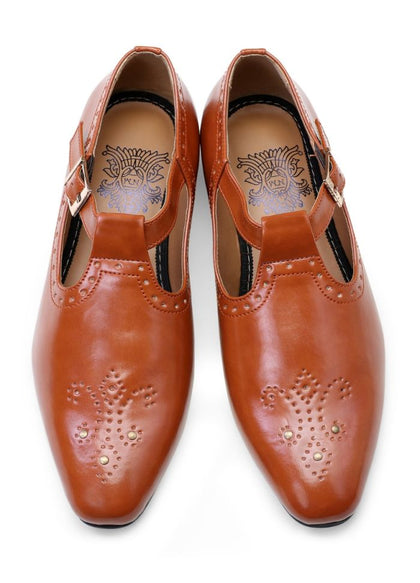 Tan Brown Handcrafted Punched Semi-Leather Sandals