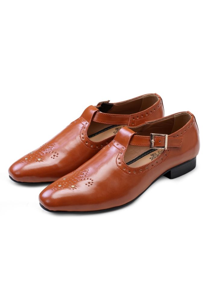 Tan Brown Handcrafted Punched Semi-Leather Sandals - KORANM