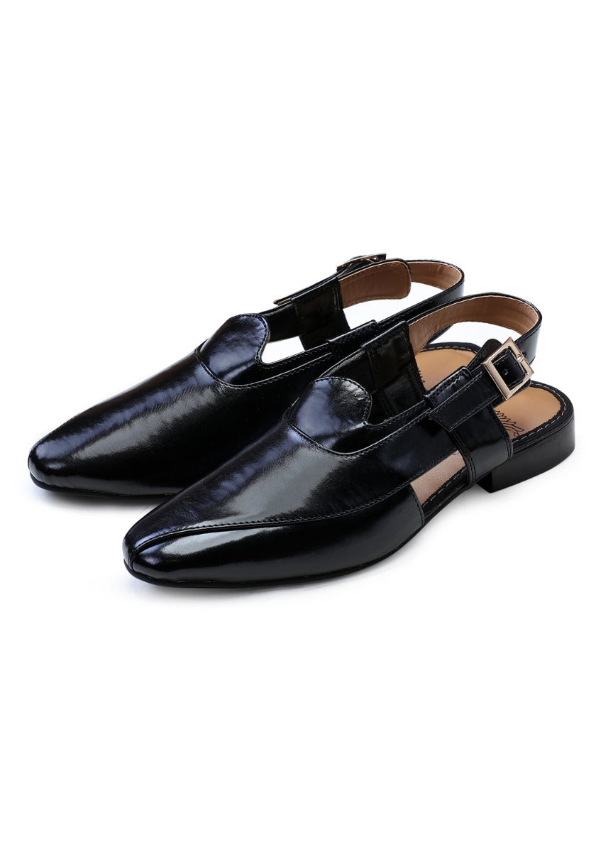 Black Handcrafted Semi-Leather Sandals - KORANM