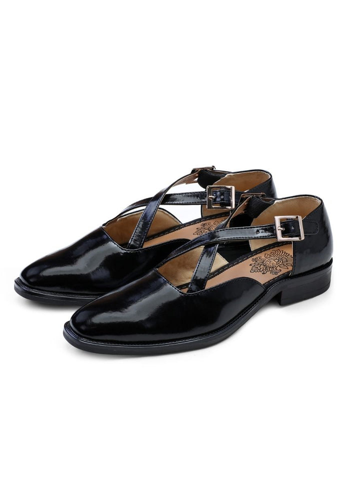 Black Handcrafted Semi-Leather Sandals - KORANM
