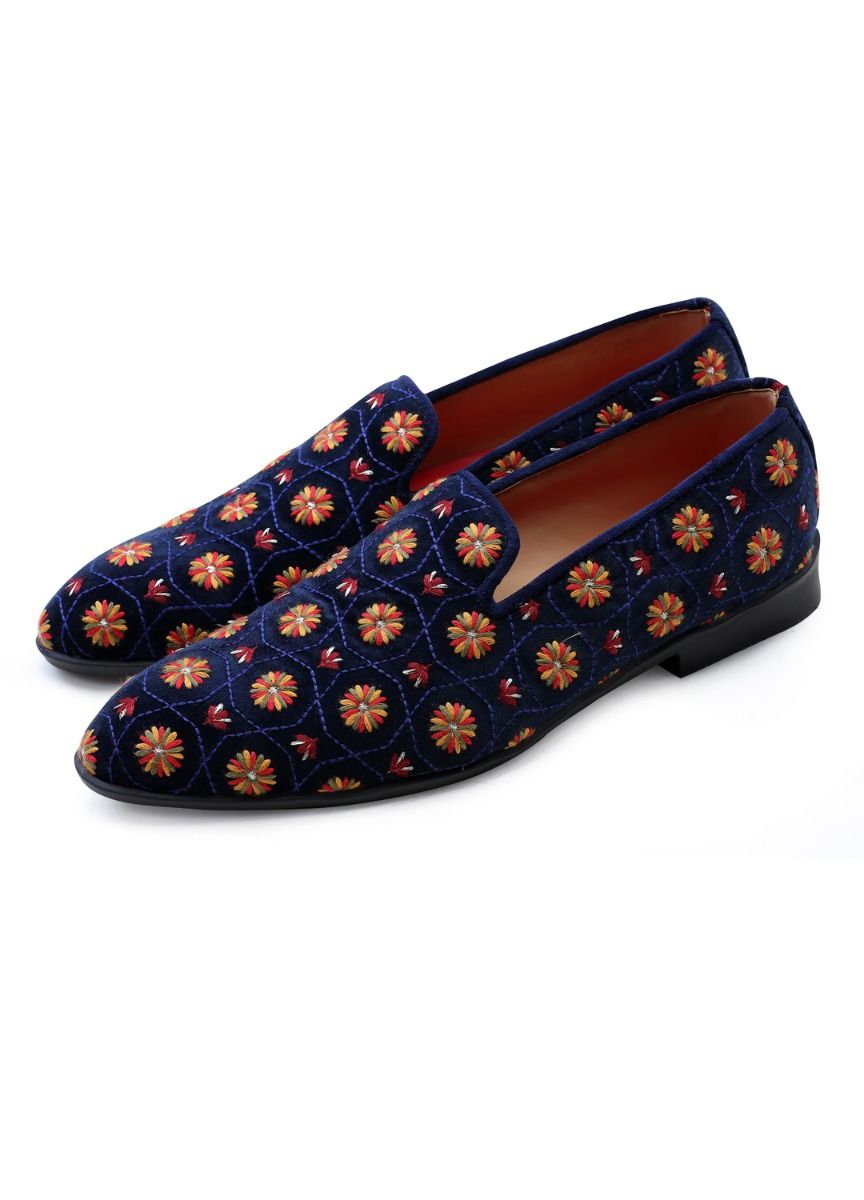 Navy Hand Crafted Embroidered Suede Shoes