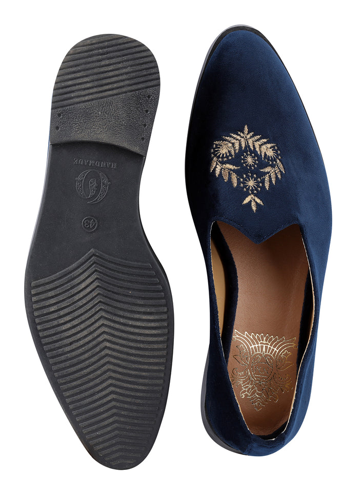 Navy Hand Crafted Zardoshi Embroidered Suede Jutti - KORANM
