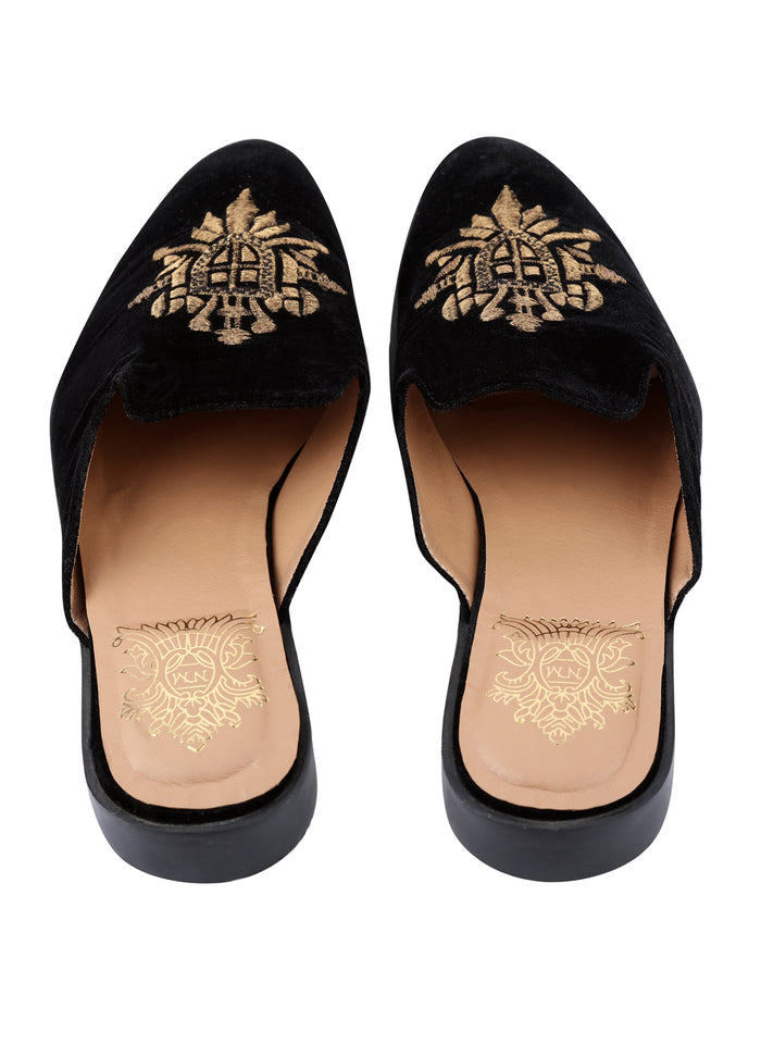 Black Handcrafted Suede Mule Shoes - KORANM
