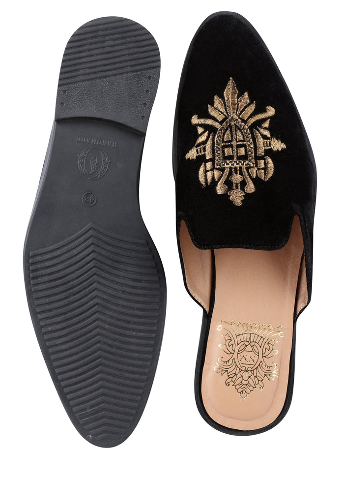 Black Handcrafted Suede Mule Shoes - KORANM