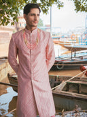 Pink Hil silk sherwani with Aligarhi for men, reception and sangeet wear