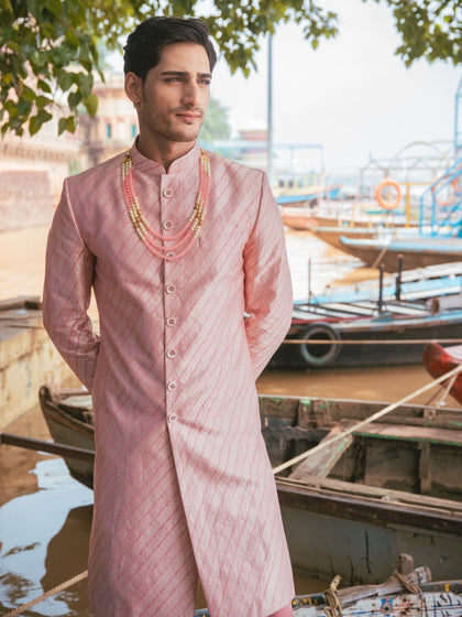 Pink Hil Silk Sherwani Set with Plazo Pant for Men | Cocktail, Reception & Sangeet Wear