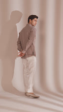 Light Brown Linen Bandi Shirt With Floral Embroidery