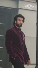 Royal Purple Velvet Embroidered Bandhgala Jodhpuri Set with Black Pants for Men | Worn by Meezaan Jafri | Kora by Nilesh Mitesh