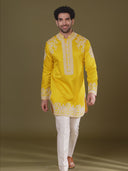 Yellow Short Kurta Set for Men with Aligarhi & Dori Embroidery