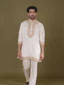 White Short Kurta Pant Set for Men with Dori Embroidery