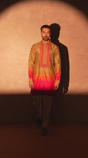 Olive Silk Printed & Embroidered Short Kurta Set with White Palazzo Pant