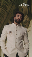 Elegant Cream Matka Silk Bandhgala Jodhpuri Set with Matching Pants for Men | Worn by Meezaan Jafri
