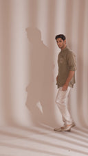 Mehendi Green Linen Bandi Shirt in Regular Fit