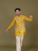 Yellow Floral Bandi Jacket Set for Men with Kurta & Cream Aligarhi