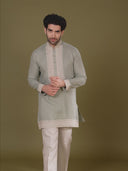 Pista Green Linen Silk Short Kurta Set for Men with Dori Embroidery & Cream Aligarhi