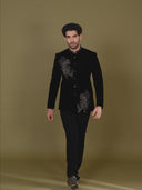 Black Bomario Silk Jodhpuri Set for Men with Metal Embellishment