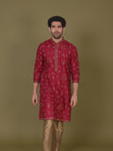 Maroon Floral Embroidered Kurta Set for Men with Aligarhi