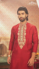 Red Mysore Silk Kurta Set with embroidery