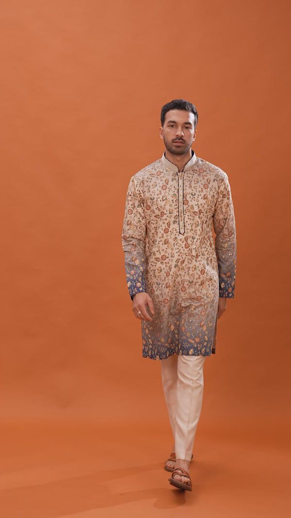 Teal Blue Moonga Silk Kurta with Delicate Embroidery & Cream Bottom.
