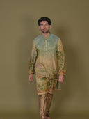 Multicolor Tissue Silk Floral Kurta Set for Men with Aligarhi & Zari Work