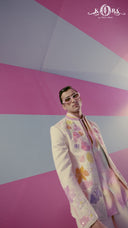 Cream Bandhgala Sets with Embroidered Floral Work Bomber Jacket and Pants.