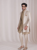 Light Olive Green Matka Silk Indo-Western Jacket Set for Men with Kurta & Trouser