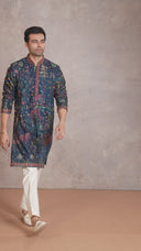 Navy Blue Silk Embroidered Kurta Set with White Aligarhi Pant for Men
