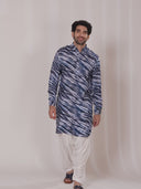 Blue Raw Silk Leheriya Pathani Kurta Set for Men with Cream Salwar