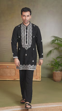 Black Embroidered Mandarin Collar Kurta Set with Palazzo Pant