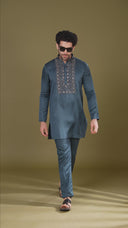 Rama Green Satin Linen Kurta Set for Men with Aligarhi & Hand Embroidery | Kora