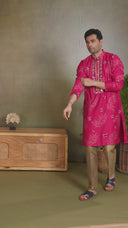 Pink Silk Printed Kurta with Highlight Embroidery and Antique Aligarhi Pant for Men