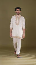 White Short Kurta Pant Set for Men with Dori Embroidery